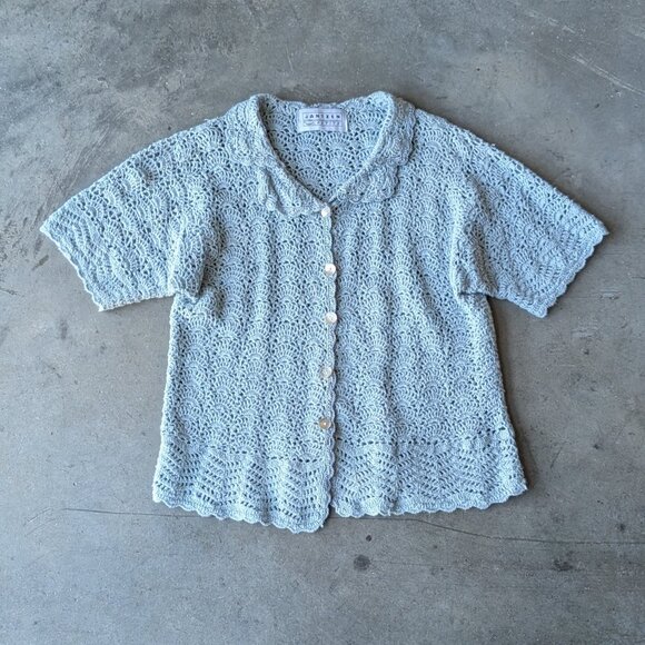 Vintage Jantzen Petite Blue Pointelle Knit Short Sleeve Collared Cardigan - Picture 1 of 7